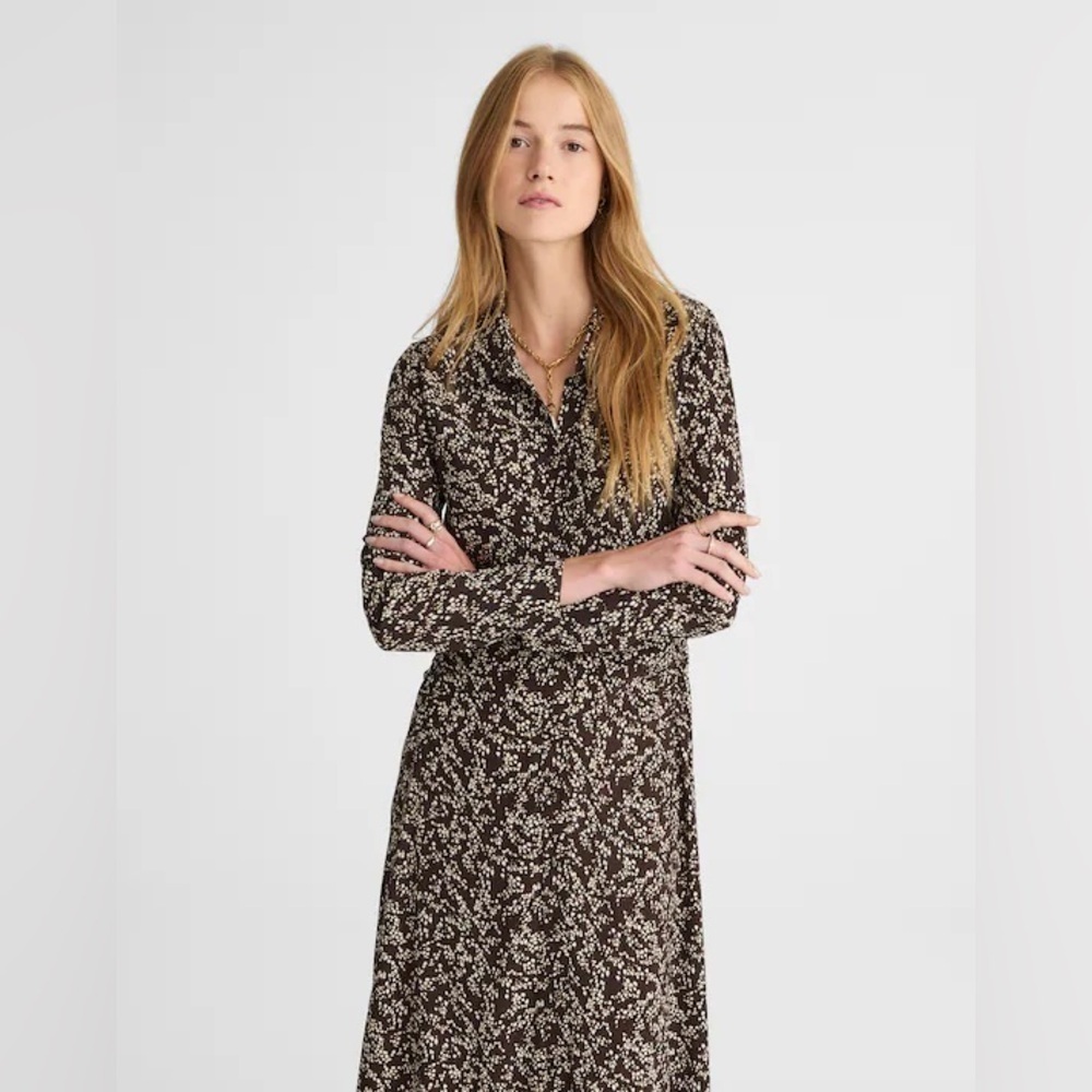 Madewell Ruched Midi Shirt Dress Size 12 Black Ivory Floral NWT - Picture 13 of 14